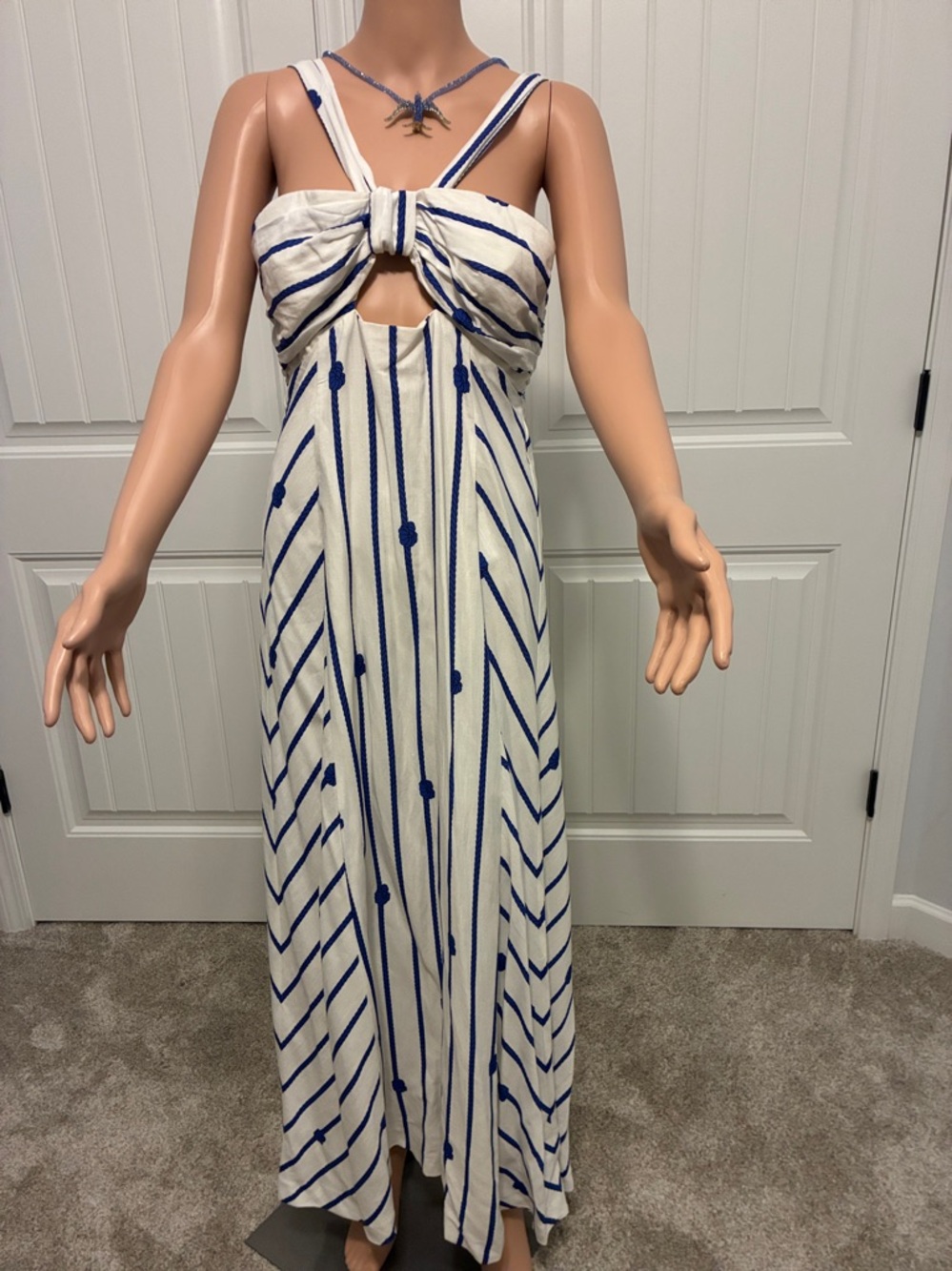 ANTONIO MELANI White and Blue Striped Knot-Front Maxi Dress.